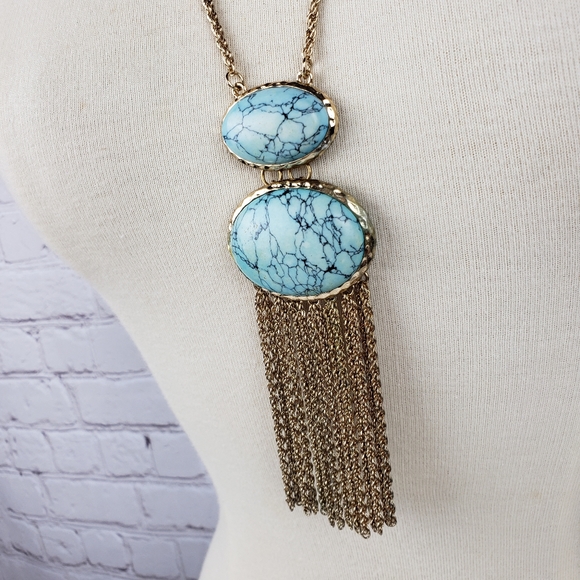 Faux Turquoise Pendant Rope Chain Fringe Long Statement Necklace Boho Vintage - Picture 6 of 9